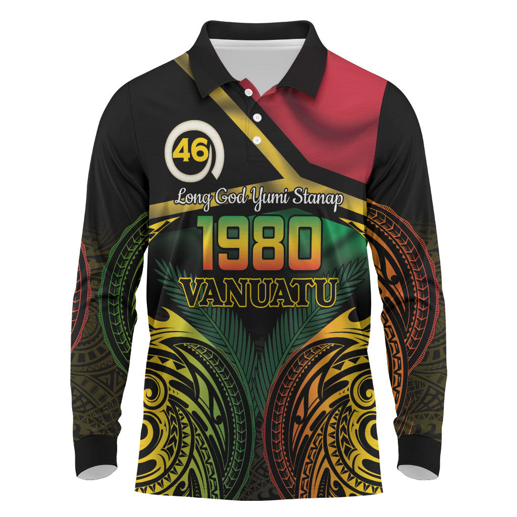 Vanuatu 1980 Long Sleeve Polo Shirt Hapi 46 Yia Indipendens Anivesari LT14 Black - Polynesian Pride