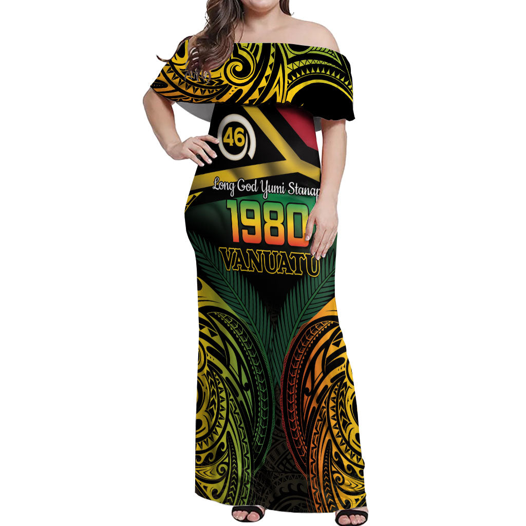 Vanuatu 1980 Off Shoulder Maxi Dress Hapi 46 Yia Indipendens Anivesari LT14 Women Black - Polynesian Pride