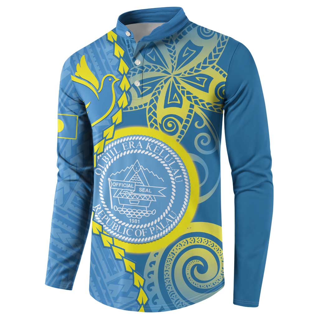Personalised Palau Independence Day Button Sweatshirt Belau Coat Of Arms Polynesian Curve Style LT14 - Polynesian Pride