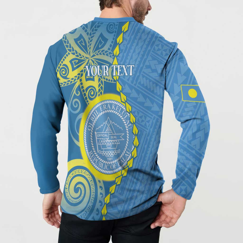 Personalised Palau Independence Day Button Sweatshirt Belau Coat Of Arms Polynesian Curve Style LT14 - Polynesian Pride