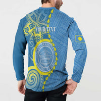 Personalised Palau Independence Day Button Sweatshirt Belau Coat Of Arms Polynesian Curve Style LT14 - Polynesian Pride