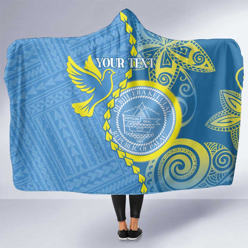 Personalised Palau Independence Day Hooded Blanket Belau Coat Of Arms Polynesian Curve Style LT14 One Size Blue - Polynesian Pride