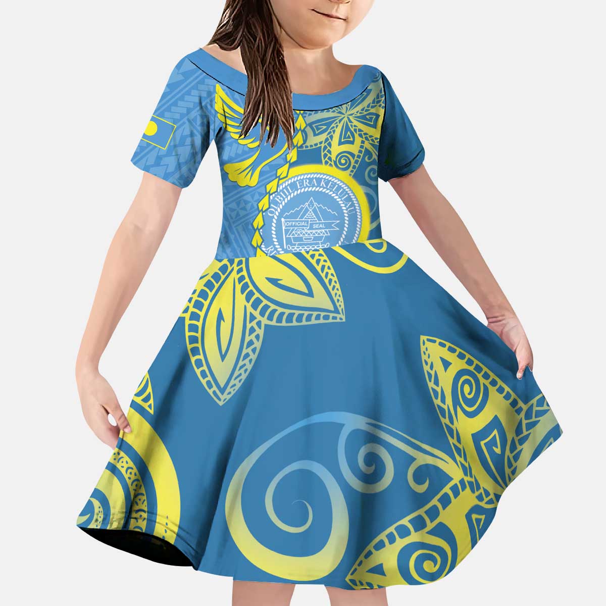 Personalised Palau Independence Day Kid Short Sleeve Dress Belau Coat Of Arms Polynesian Curve Style LT14 KID Blue - Polynesian Pride