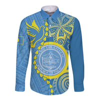 Personalised Palau Independence Day Long Sleeve Button Shirt Belau Coat Of Arms Polynesian Curve Style LT14 Unisex Blue - Polynesian Pride