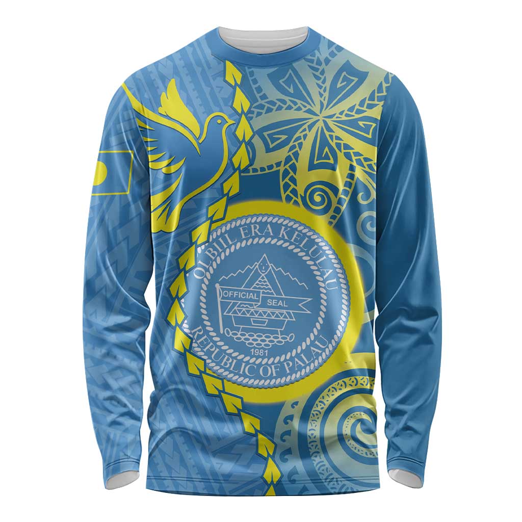 Personalised Palau Independence Day Long Sleeve Shirt Belau Coat Of Arms Polynesian Curve Style LT14 Unisex Blue - Polynesian Pride