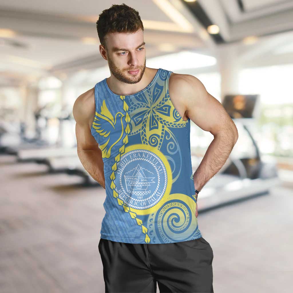 Personalised Palau Independence Day Men Tank Top Belau Coat Of Arms Polynesian Curve Style LT14 Blue - Polynesian Pride