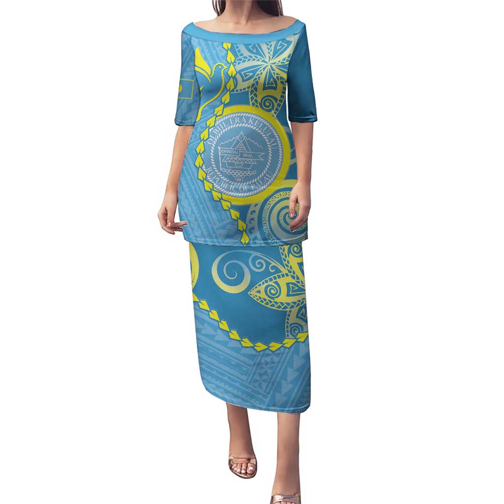 Personalised Palau Independence Day Puletasi Belau Coat Of Arms Polynesian Curve Style LT14 Long Dress Blue - Polynesian Pride
