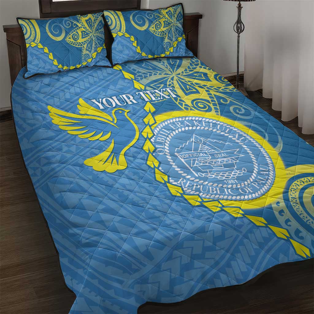 Personalised Palau Independence Day Quilt Bed Set Belau Coat Of Arms Polynesian Curve Style LT14 Blue - Polynesian Pride