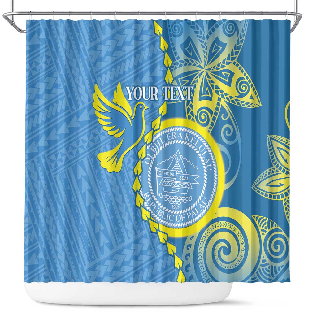 Personalised Palau Independence Day Shower Curtain Belau Coat Of Arms Polynesian Curve Style LT14 Blue - Polynesian Pride