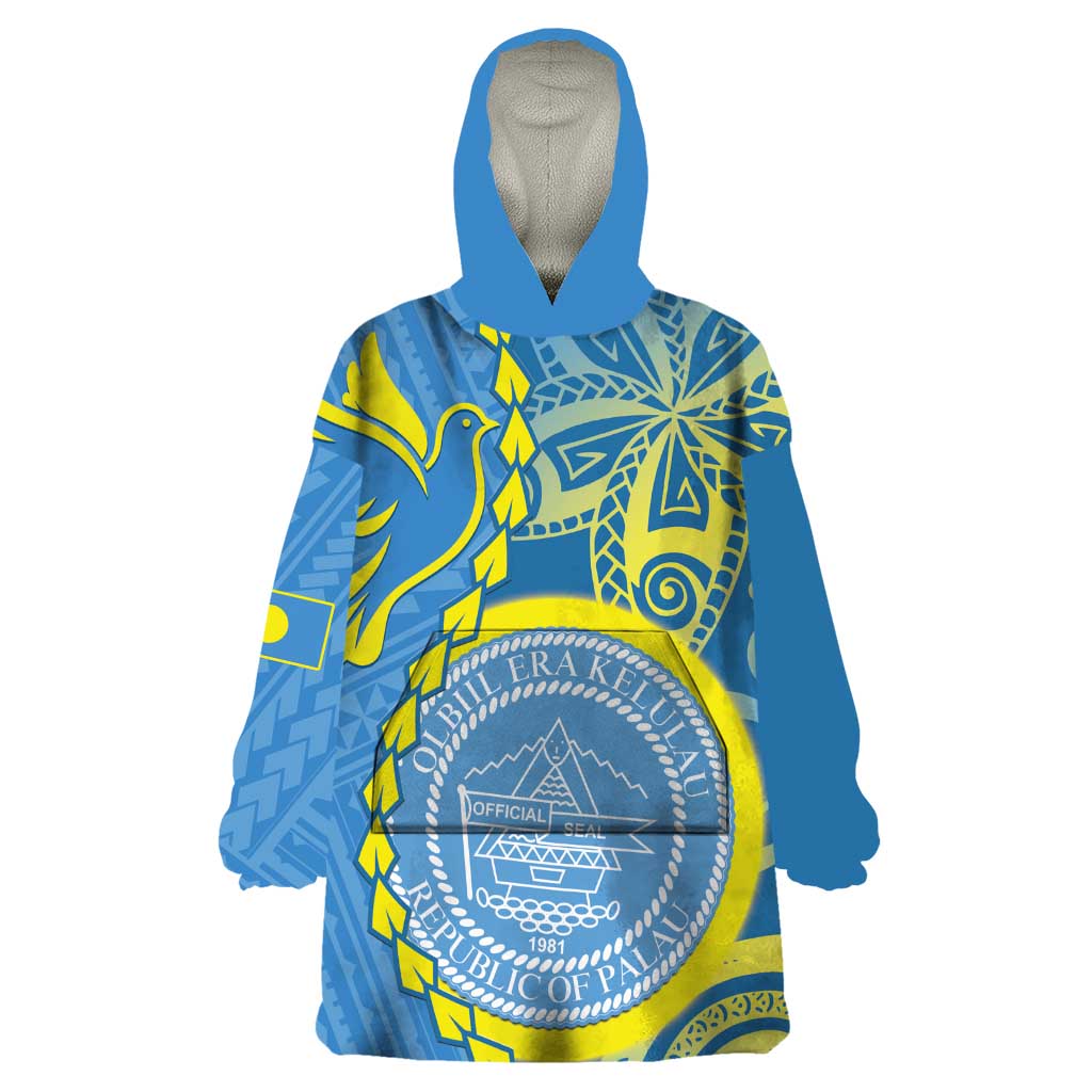 Personalised Palau Independence Day Wearable Blanket Hoodie Belau Coat Of Arms Polynesian Curve Style LT14 One Size Blue - Polynesian Pride