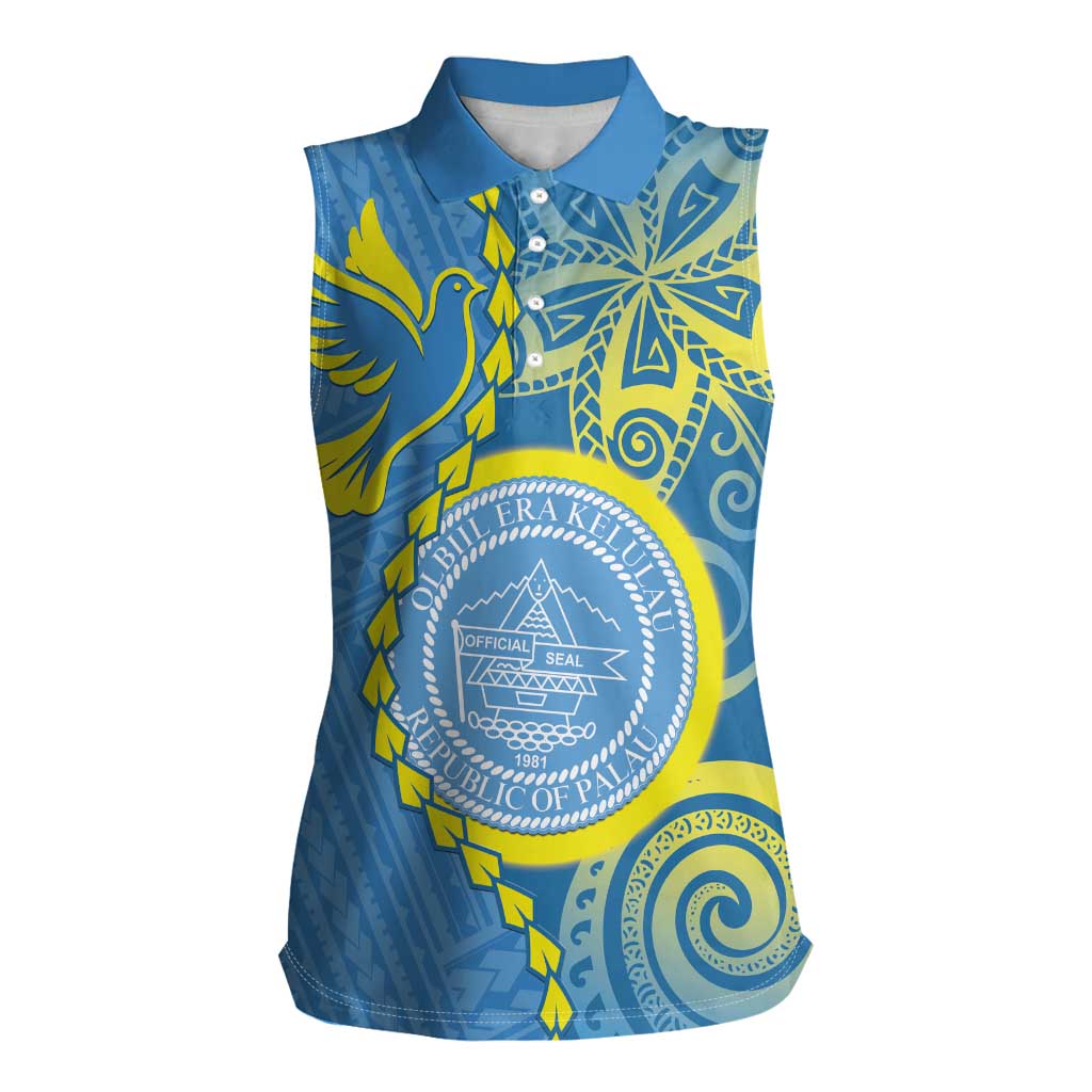 Personalised Palau Independence Day Women Sleeveless Polo Shirt Belau Coat Of Arms Polynesian Curve Style