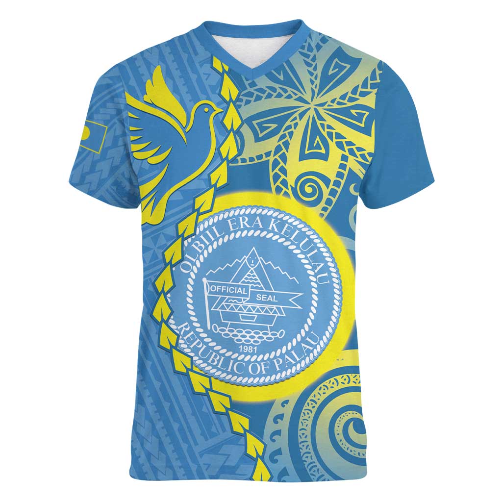 Personalised Palau Independence Day Women V-Neck T-Shirt Belau Coat Of Arms Polynesian Curve Style