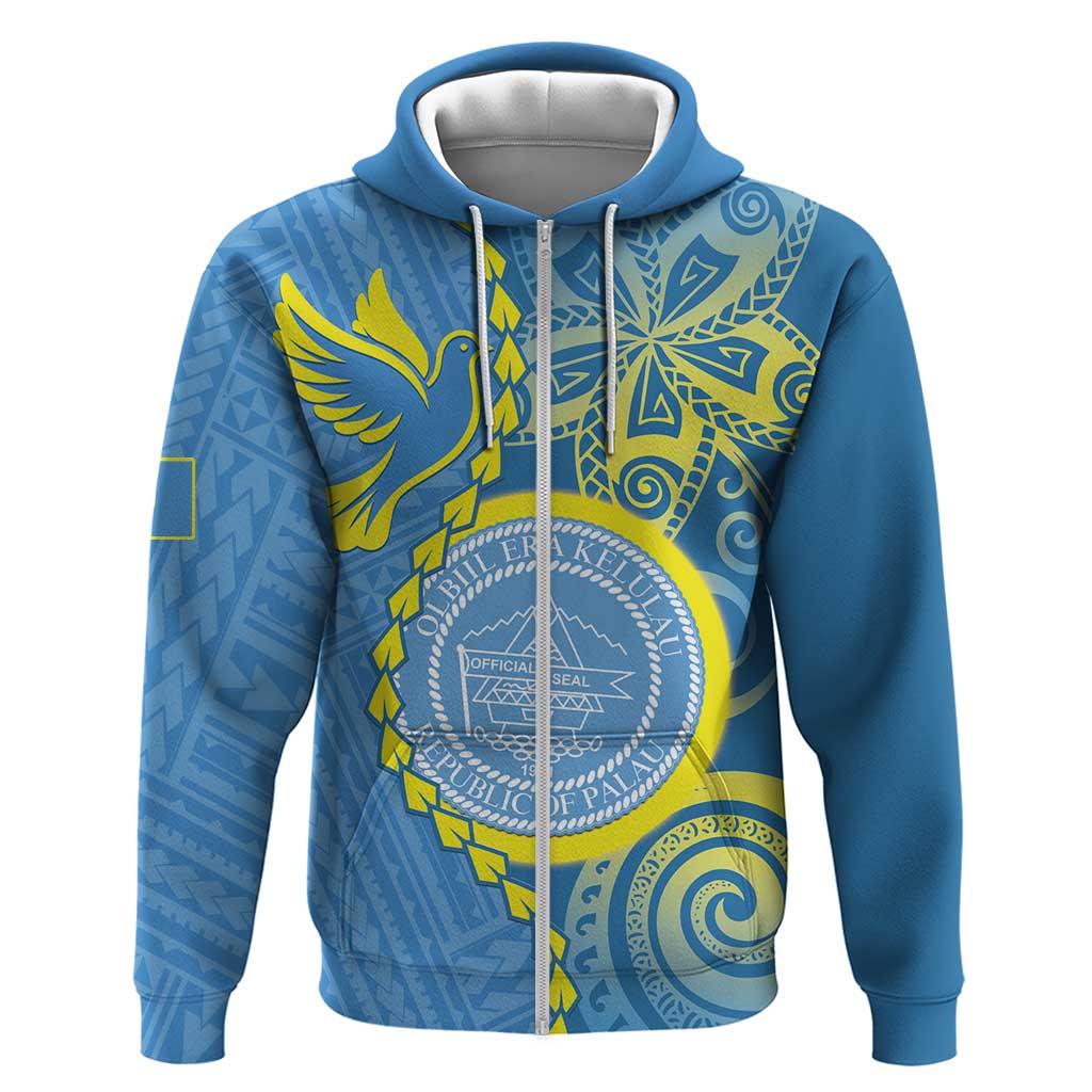 Personalised Palau Independence Day Zip Hoodie Belau Coat Of Arms Polynesian Curve Style LT14 Zip Hoodie Blue - Polynesian Pride