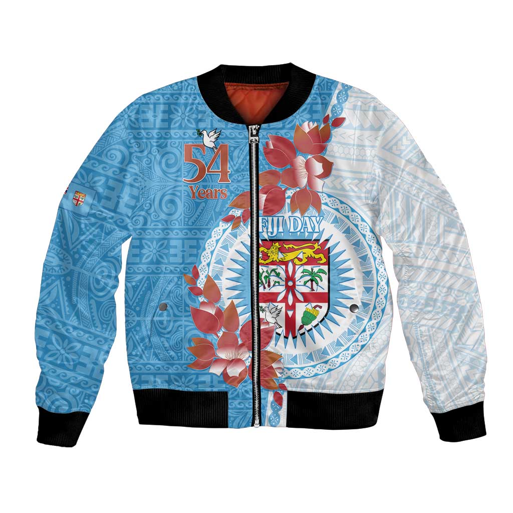 Personalised Fiji Day Bomber Jacket Fijian Tapa Pattern Mix Tagimoucia - Blue Version LT14 Unisex Blue - Polynesian Pride