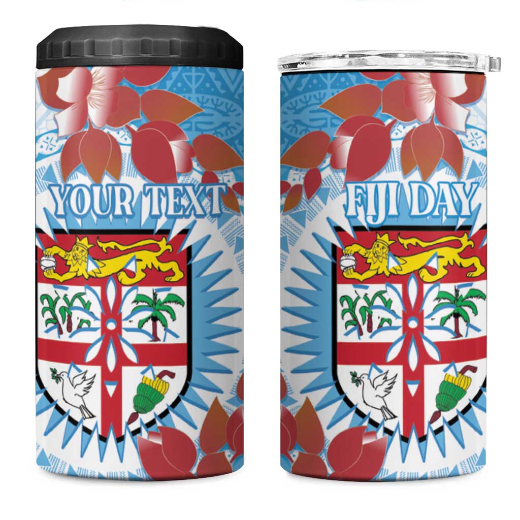 Personalised Fiji Day 4 in 1 Can Cooler Tumbler Fijian Tapa Pattern Mix Tagimoucia - Blue Version