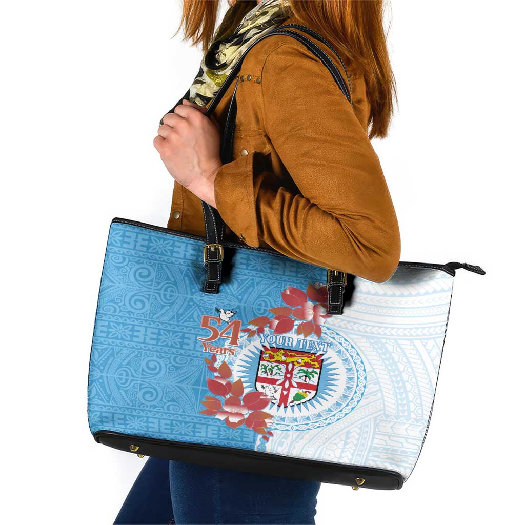 Personalised Fiji Day Leather Tote Bag Fijian Tapa Pattern Mix Tagimoucia - Blue Version LT14 Blue - Polynesian Pride