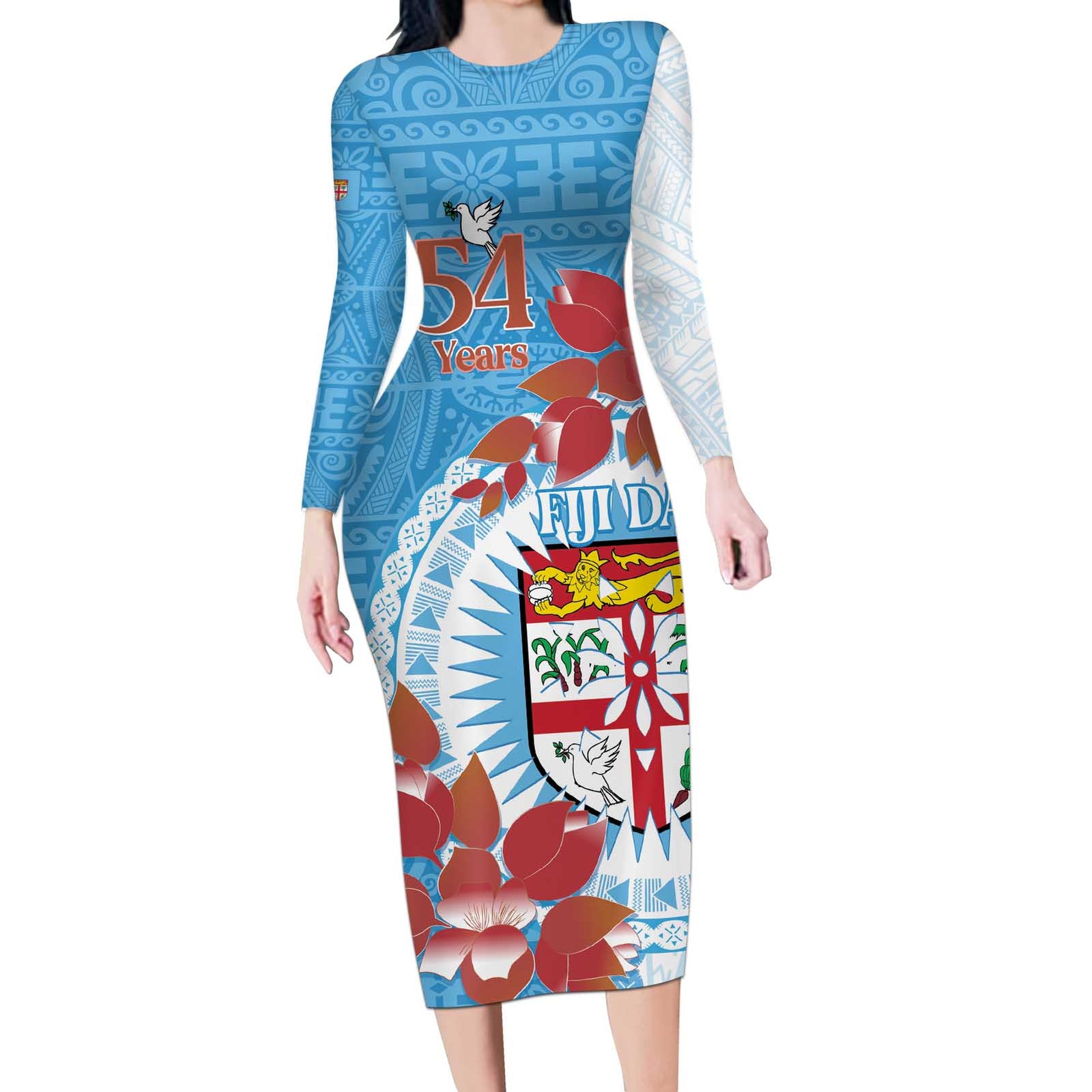 Personalised Fiji Day Long Sleeve Bodycon Dress Fijian Tapa Pattern Mix Tagimoucia - Blue Version LT14 Long Dress Blue - Polynesian Pride