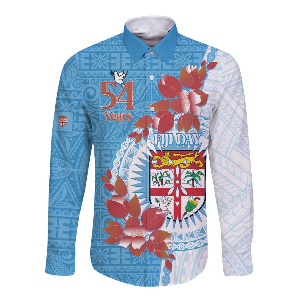 Personalised Fiji Day Long Sleeve Button Shirt Fijian Tapa Pattern Mix Tagimoucia - Blue Version LT14 Unisex Blue - Polynesian Pride