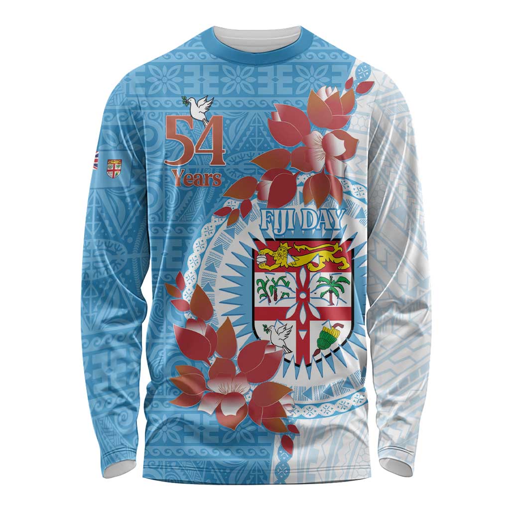 Personalised Fiji Day Long Sleeve Shirt Fijian Tapa Pattern Mix Tagimoucia - Blue Version LT14 Unisex Blue - Polynesian Pride