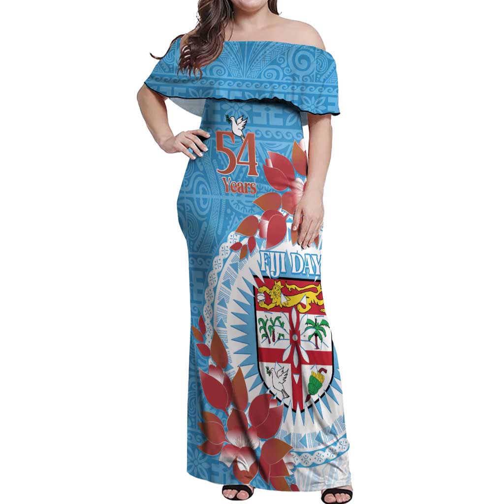Personalised Fiji Day Off Shoulder Maxi Dress Fijian Tapa Pattern Mix Tagimoucia - Blue Version LT14 Women Blue - Polynesian Pride