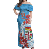 Personalised Fiji Day Off Shoulder Maxi Dress Fijian Tapa Pattern Mix Tagimoucia - Blue Version LT14 Women Blue - Polynesian Pride