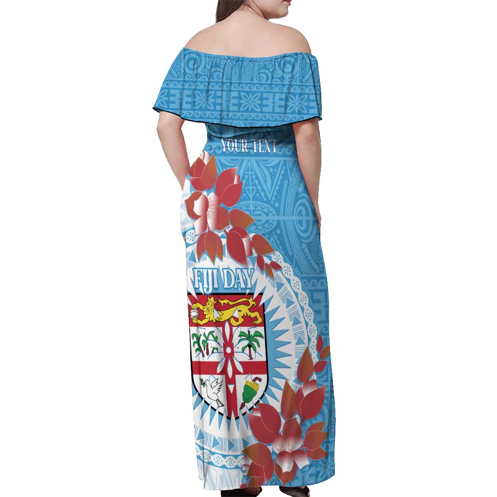Personalised Fiji Day Off Shoulder Maxi Dress Fijian Tapa Pattern Mix Tagimoucia - Blue Version LT14 - Polynesian Pride