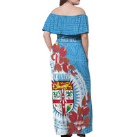 Personalised Fiji Day Off Shoulder Maxi Dress Fijian Tapa Pattern Mix Tagimoucia - Blue Version LT14 - Polynesian Pride