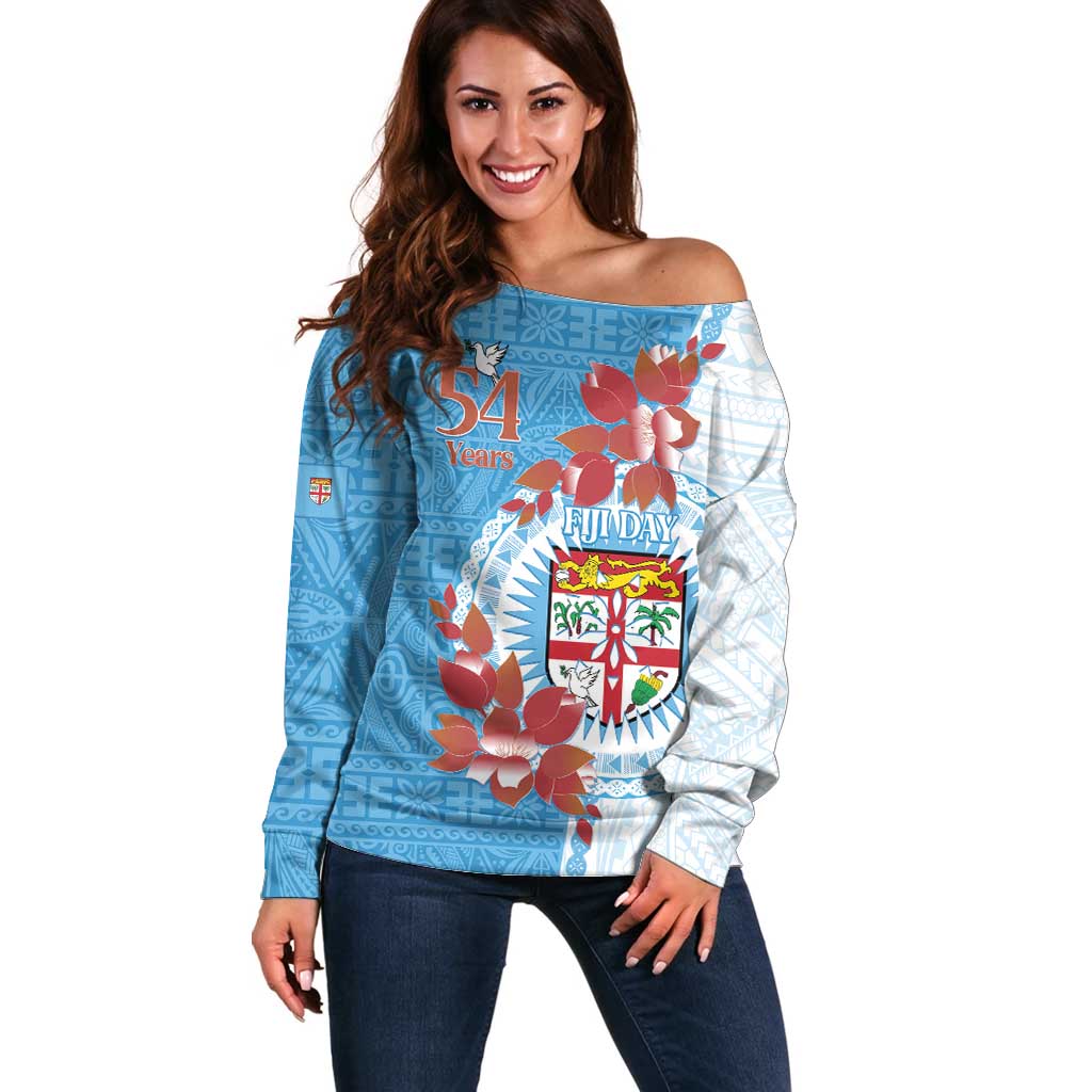 Personalised Fiji Day Off Shoulder Sweater Fijian Tapa Pattern Mix Tagimoucia - Blue Version LT14 Women Blue - Polynesian Pride