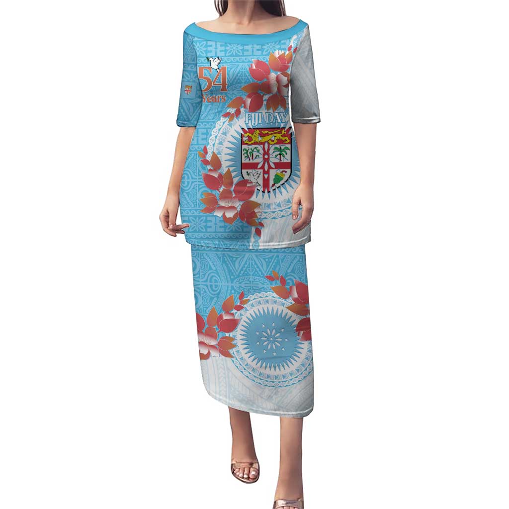 Personalised Fiji Day Puletasi Fijian Tapa Pattern Mix Tagimoucia - Blue Version LT14 Long Dress Blue - Polynesian Pride