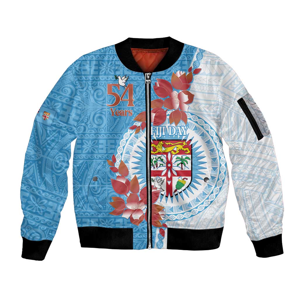 Personalised Fiji Day Sleeve Zip Bomber Jacket Fijian Tapa Pattern Mix Tagimoucia - Blue Version LT14 Unisex Blue - Polynesian Pride