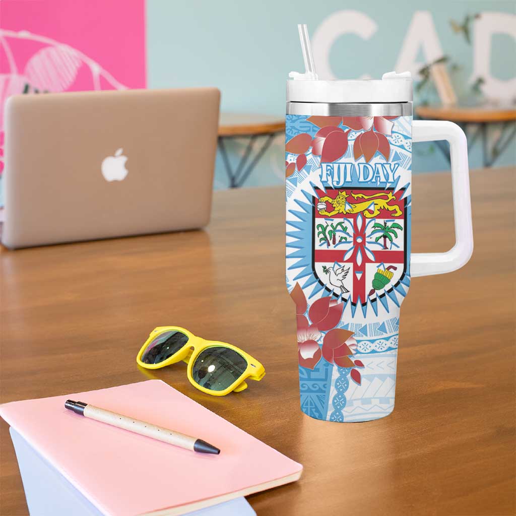 Personalised Fiji Day Tumbler With Handle Fijian Tapa Pattern Mix Tagimoucia - Blue Version LT14 - Polynesian Pride