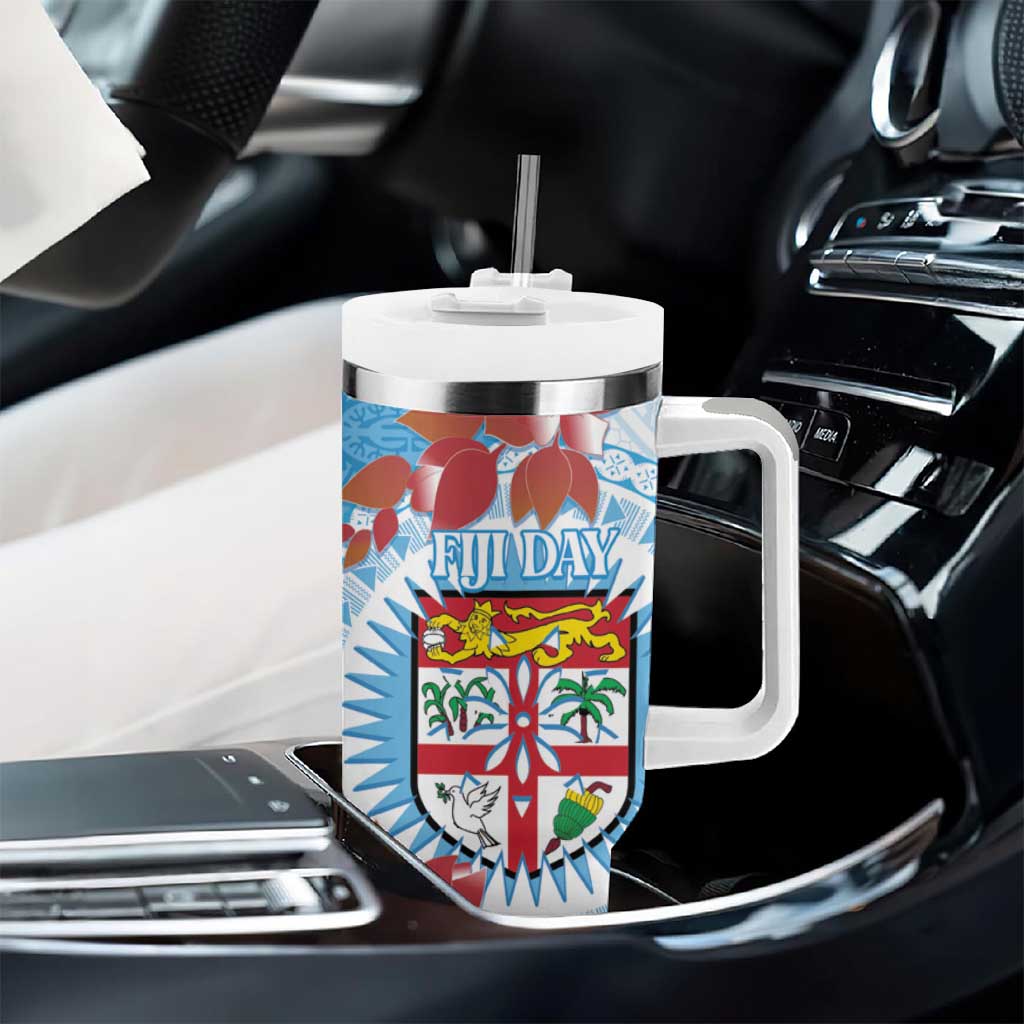 Personalised Fiji Day Tumbler With Handle Fijian Tapa Pattern Mix Tagimoucia - Blue Version LT14 - Polynesian Pride