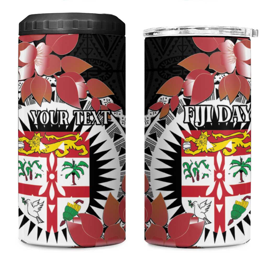 Personalised Fiji Day 4 in 1 Can Cooler Tumbler Fijian Tapa Pattern Mix Tagimoucia - Black Version