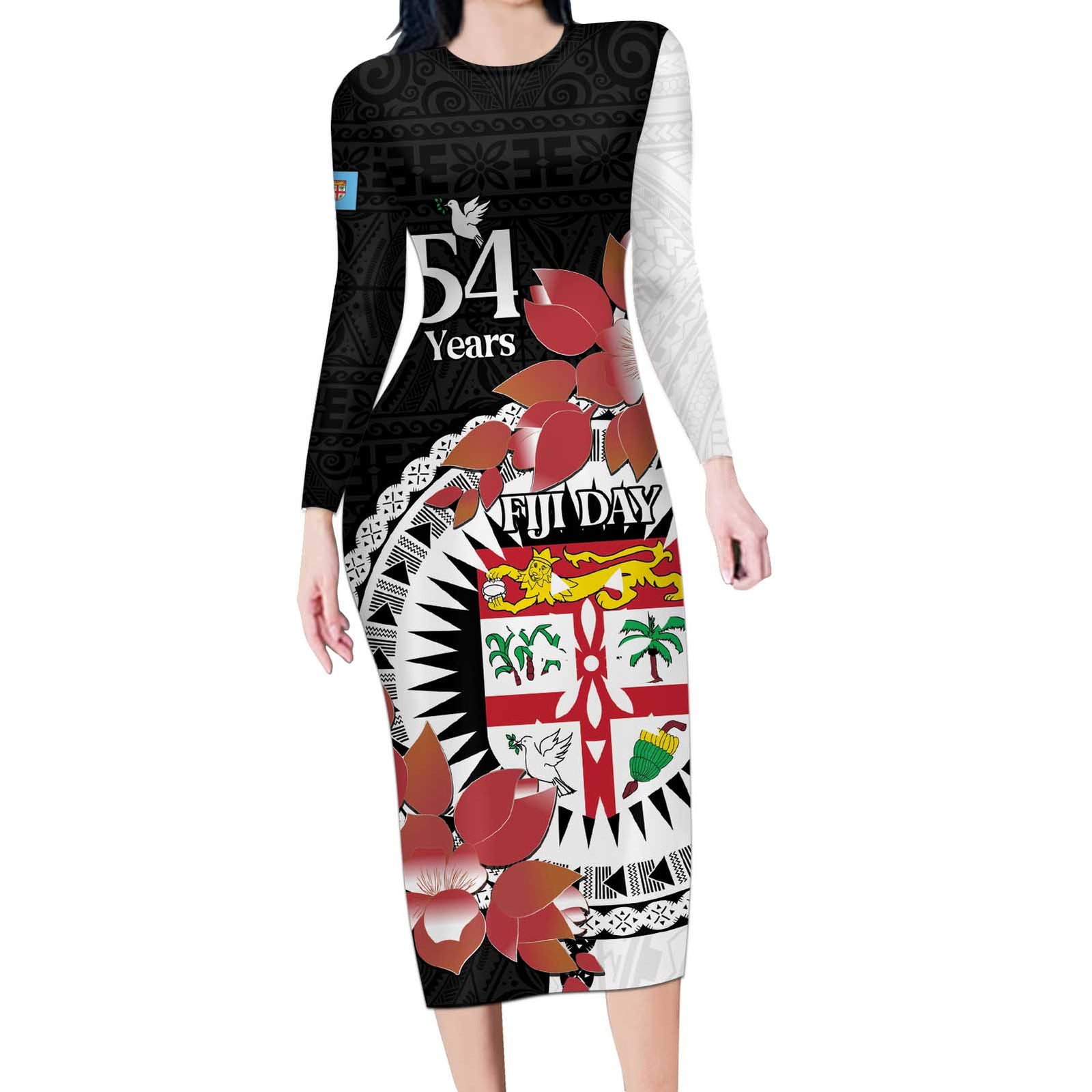 Personalised Fiji Day Long Sleeve Bodycon Dress Fijian Tapa Pattern Mix Tagimoucia - Black Version LT14 Long Dress Black - Polynesian Pride