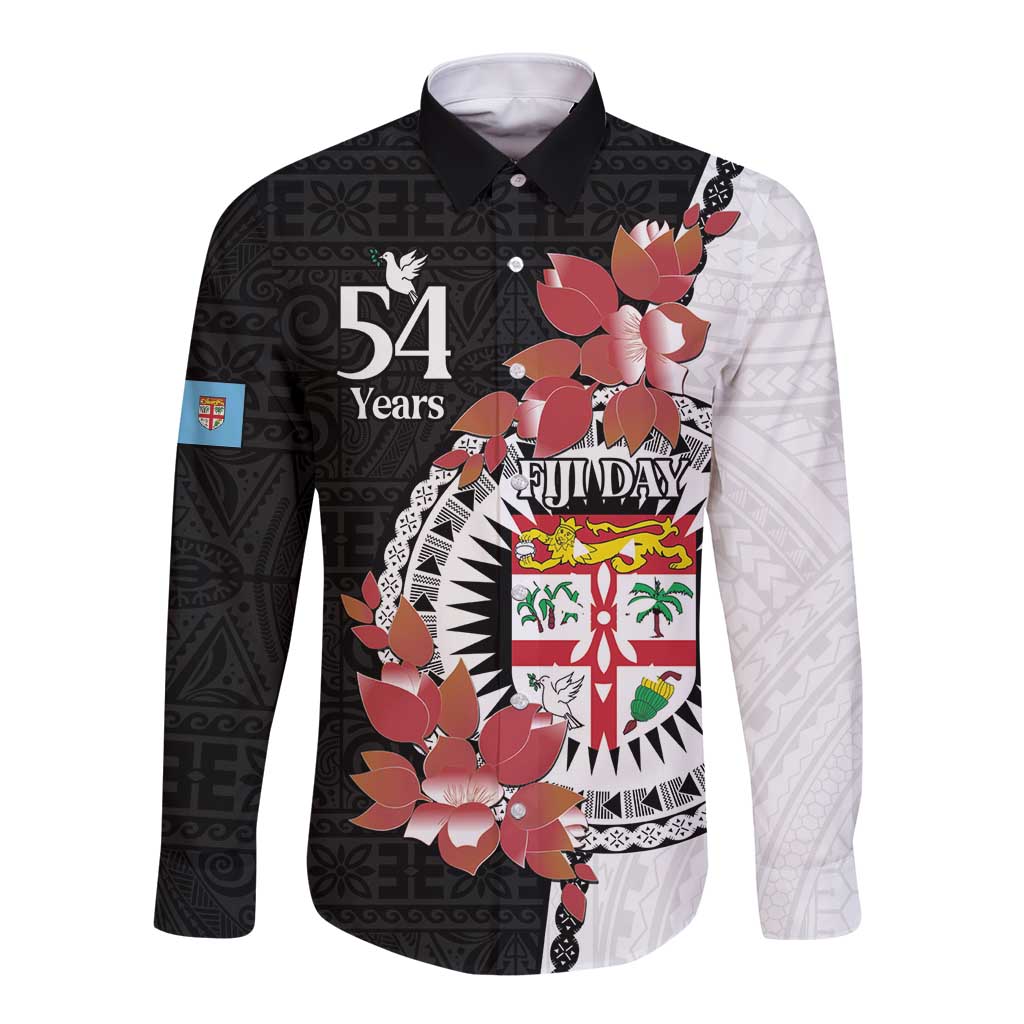 Personalised Fiji Day Long Sleeve Button Shirt Fijian Tapa Pattern Mix Tagimoucia - Black Version LT14 Unisex Black - Polynesian Pride