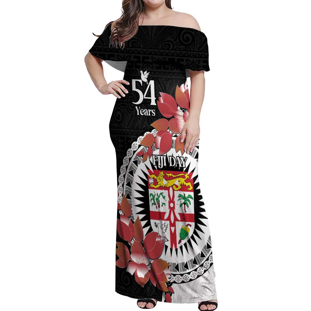 Personalised Fiji Day Off Shoulder Maxi Dress Fijian Tapa Pattern Mix Tagimoucia - Black Version LT14 Women Black - Polynesian Pride