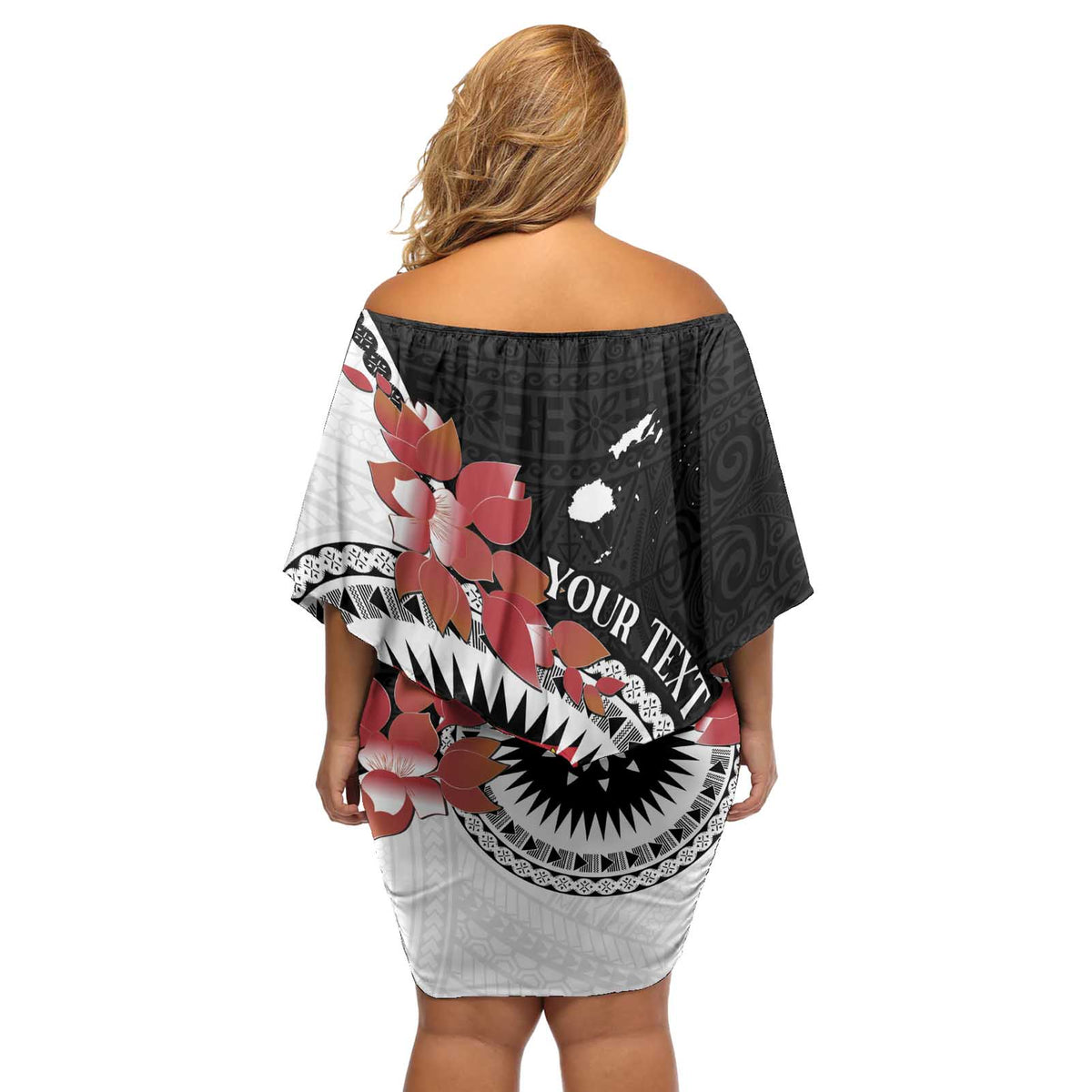 Personalised Fiji Day Off Shoulder Short Dress Fijian Tapa Pattern Mix Tagimoucia - Black Version LT14 - Polynesian Pride