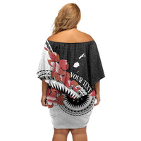 Personalised Fiji Day Off Shoulder Short Dress Fijian Tapa Pattern Mix Tagimoucia - Black Version LT14 - Polynesian Pride