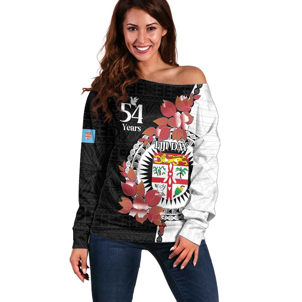 Personalised Fiji Day Off Shoulder Sweater Fijian Tapa Pattern Mix Tagimoucia - Black Version LT14 Women Black - Polynesian Pride