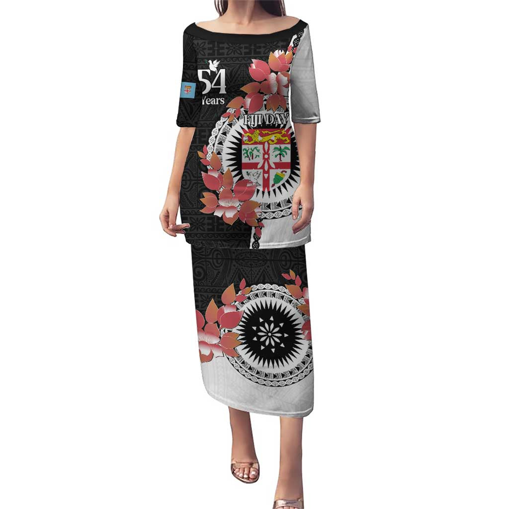 Personalised Fiji Day Puletasi Fijian Tapa Pattern Mix Tagimoucia - Black Version LT14 Long Dress Black - Polynesian Pride