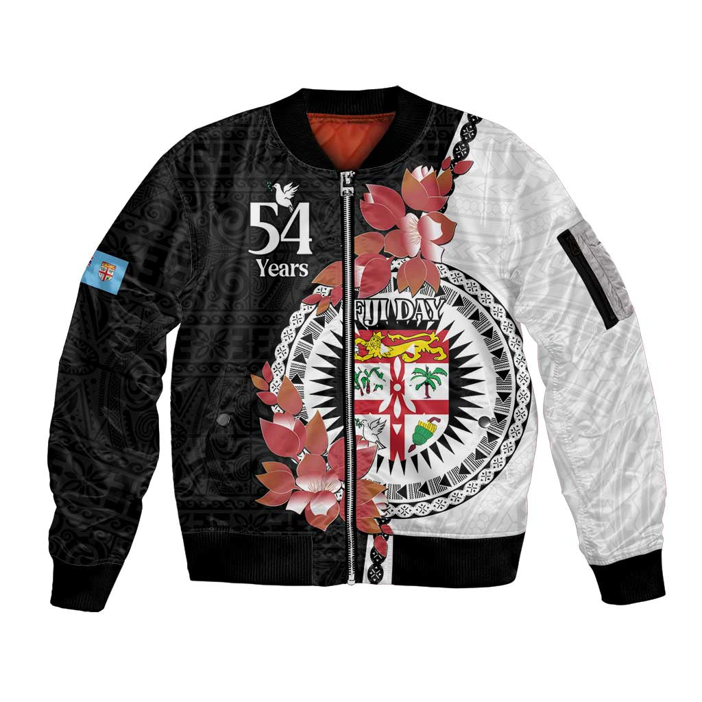 Personalised Fiji Day Sleeve Zip Bomber Jacket Fijian Tapa Pattern Mix Tagimoucia - Black Version LT14 Unisex Black - Polynesian Pride