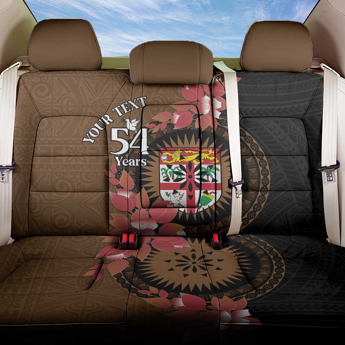 Personalised Fiji Day Back Car Seat Cover Fijian Tapa Pattern Mix Tagimoucia - Brown Version LT14 One Size Brown - Polynesian Pride
