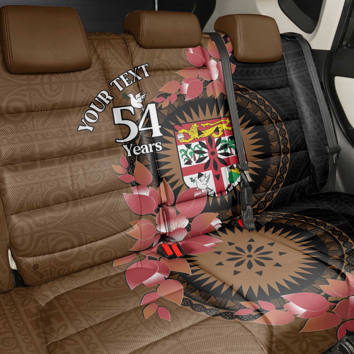 Personalised Fiji Day Back Car Seat Cover Fijian Tapa Pattern Mix Tagimoucia - Brown Version LT14 - Polynesian Pride