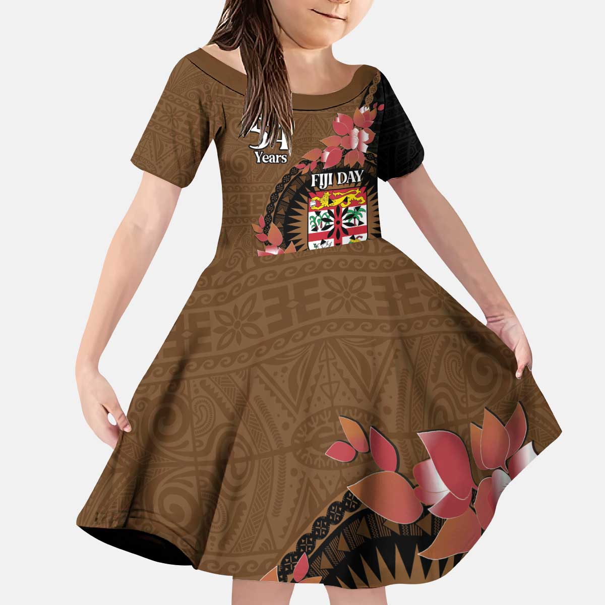 Personalised Fiji Day Kid Short Sleeve Dress Fijian Tapa Pattern Mix Tagimoucia - Brown Version LT14 KID Brown - Polynesian Pride