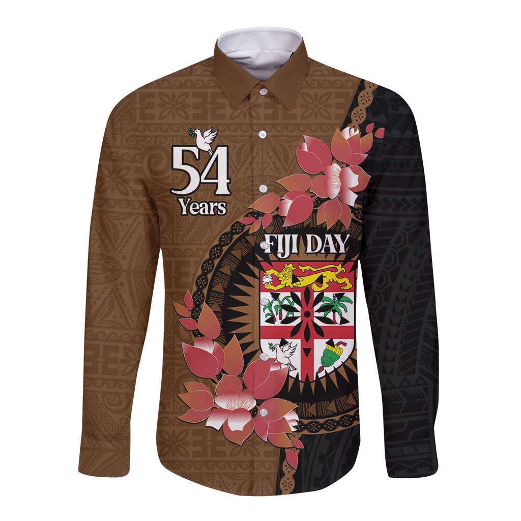 Personalised Fiji Day Long Sleeve Button Shirt Fijian Tapa Pattern Mix Tagimoucia - Brown Version LT14 Unisex Brown - Polynesian Pride