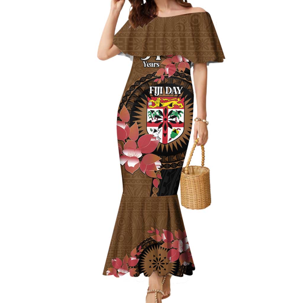 Personalised Fiji Day Mermaid Dress Fijian Tapa Pattern Mix Tagimoucia - Brown Version LT14 Women Brown - Polynesian Pride