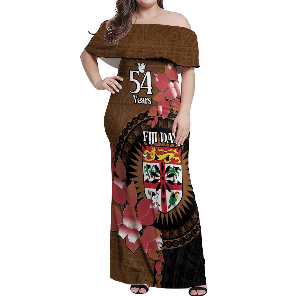 Personalised Fiji Day Off Shoulder Maxi Dress Fijian Tapa Pattern Mix Tagimoucia - Brown Version LT14 Women Brown - Polynesian Pride
