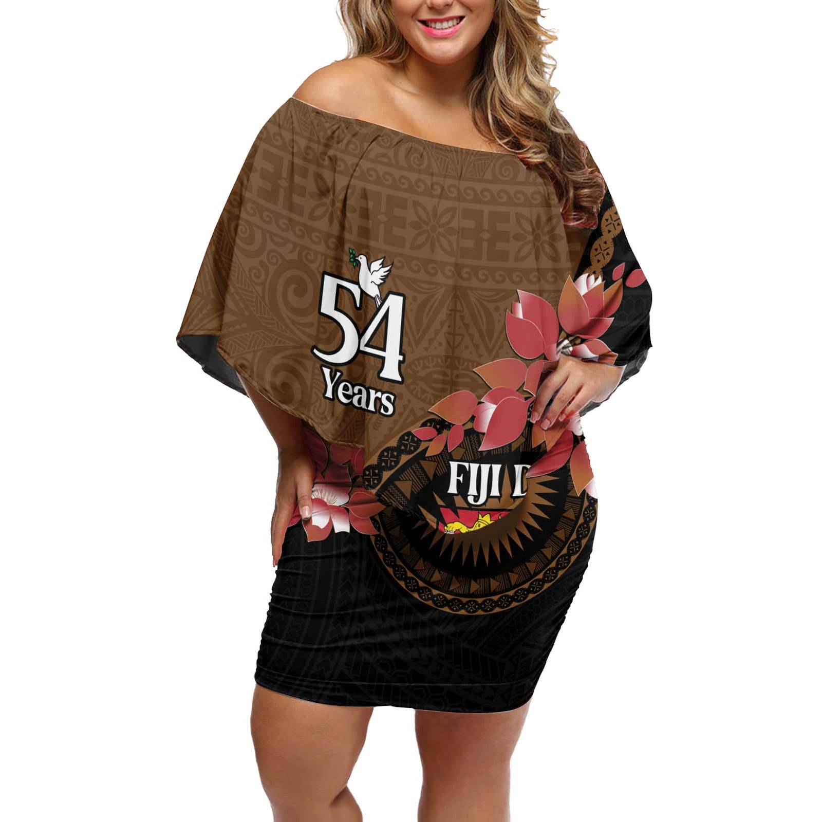 Personalised Fiji Day Off Shoulder Short Dress Fijian Tapa Pattern Mix Tagimoucia - Brown Version LT14 Women Brown - Polynesian Pride