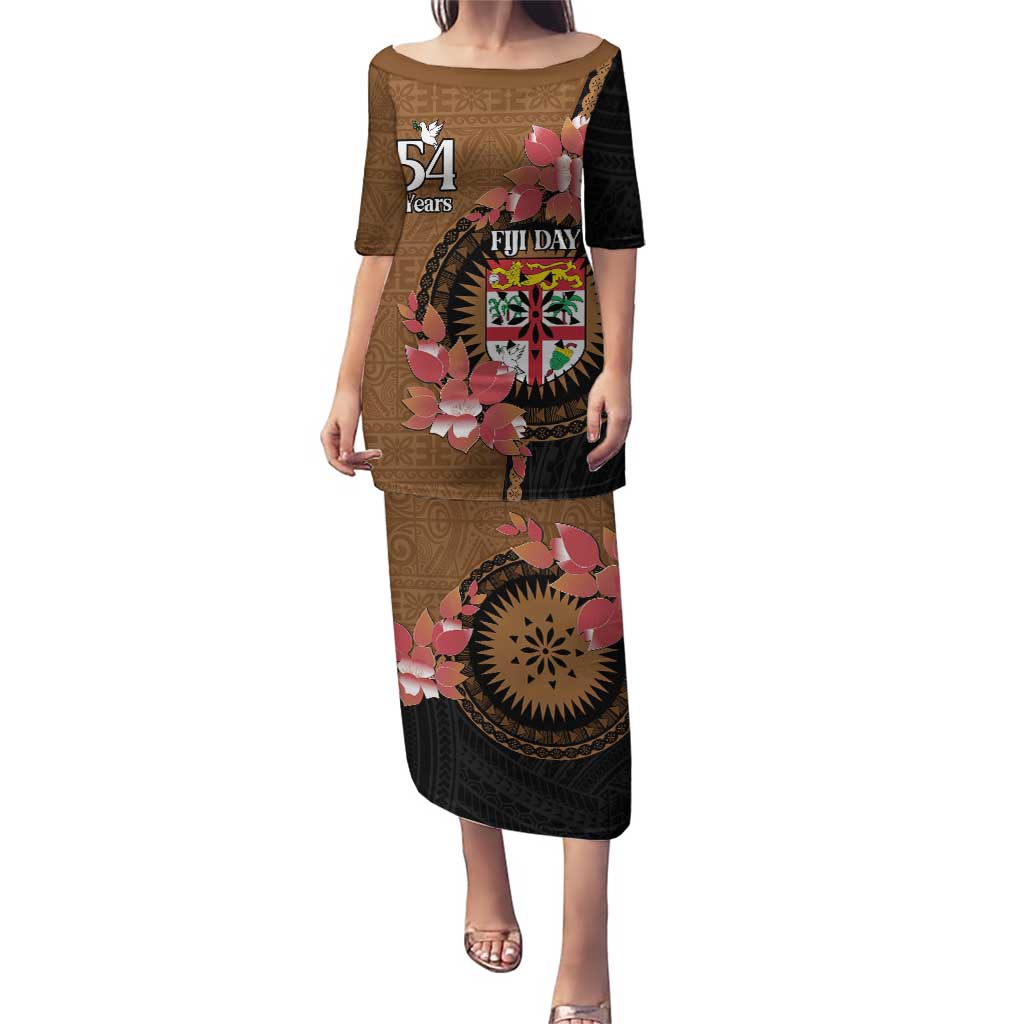 Personalised Fiji Day Puletasi Fijian Tapa Pattern Mix Tagimoucia - Brown Version LT14 Long Dress Brown - Polynesian Pride