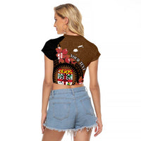 Personalised Fiji Day Raglan Cropped T Shirt Fijian Tapa Pattern Mix Tagimoucia - Brown Version LT14 - Polynesian Pride